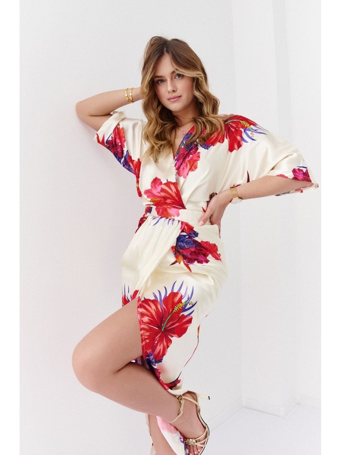 Satin tulip dress with flowers, cream and red 32750 - Online store - Boutique